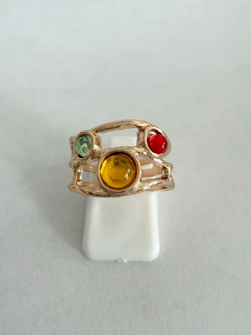BNIB - Gold Tone Multi-Stone Cocktail Ring with Yellow, Red & Green Cabochons